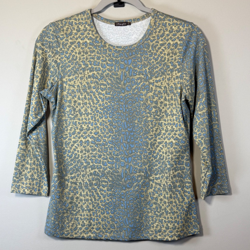 J. McLaughlin Leopard Blue Goldish Catalina Cloth Shirt Women's Small 3/4 Sleeve